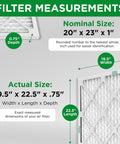 Diagram showing Boss Level MERV 8 Pleated HVAC Air Filters, size details: actual 19.5x22.5x0.75 inches, nominal 20x23x1 inches.