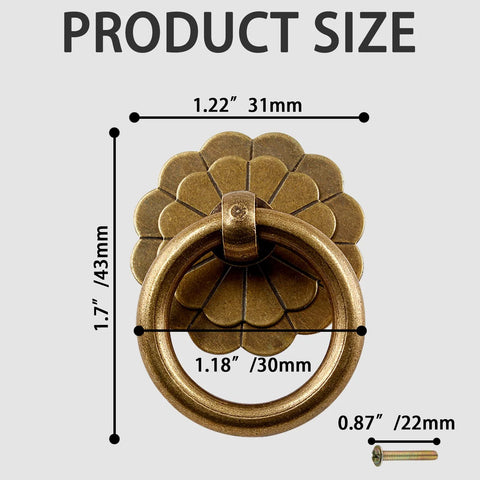 Set Of Six Antique Brass Ring Pulls For Drawers And Cabinets With Flower Shaped Discs In Bloom Design Made From Solid Brass, size shown