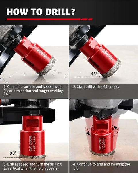 Drilling guide using Killer 13 Piece Tile Hole Saw Kit With Vacuum Brazed Diamond Bits for precise cuts on hard surfaces.