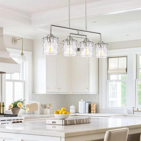 Monroe 28 Inch Modern Four Light Linear Kitchen Island Light With Hammered Glass Shades Brushed Nickel Finish in kitchen setting