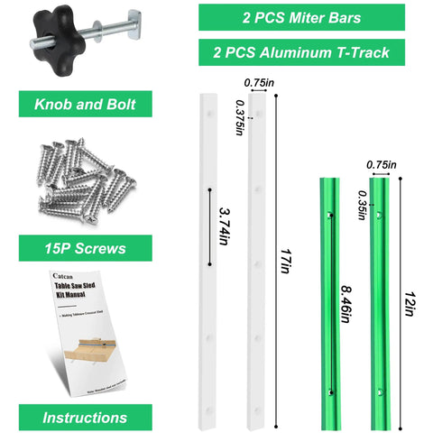 Crosscut Sled Kit For Table Saw With Two Aluminum 12 Inch T Track And Two UHMW 17 Inch Miter Bars Including Star Knob Bolt Washer