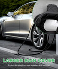 Tough As Nails Ev Charger Holder For SAE J1772 Plugs Wall Mount Hanger showing larger rain cover protecting plug during charging.