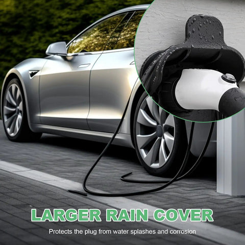 Tough As Nails Ev Charger Holder For SAE J1772 Plugs Wall Mount Hanger showing larger rain cover protecting plug during charging.