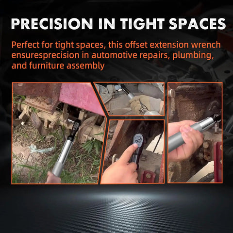 Image showing Half Inch Offset Extension Wrench For Electric And Impact Tools with Pro Grade Beefy High Torque Socket Adapter in use for automotive repairs emphasizing precision in tight spaces.