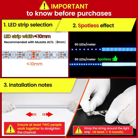 Product overview of 16.5 Ft Silicone LED Channel with Diffuser IP67, showing LED strip selection, spotless effect, and installation notes.