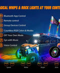 ATV with Lit 3Ft RGB LED Whip Light And Four Pack Rock Lights Kit featuring Bluetooth control and vibrant colors