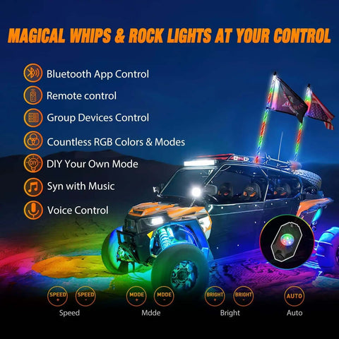 ATV with Lit 3Ft RGB LED Whip Light And Four Pack Rock Lights Kit featuring Bluetooth control and vibrant colors