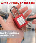 Red OSHA Compliant Lockout Tagout Padlock Set with labeled red padlock and unique keyed lock, suitable for industrial safety.