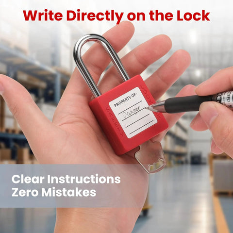 Red OSHA Compliant Lockout Tagout Padlock Set with labeled red padlock and unique keyed lock, suitable for industrial safety.