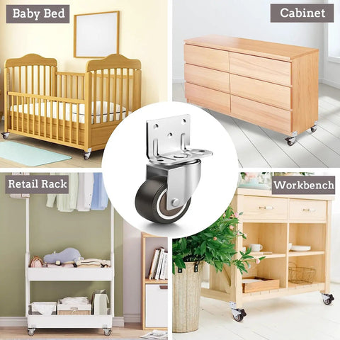 Ultra Smooth One Inch Side Mount Casters With Nifty L Plate Swivel Design, Easy Peasy Screw Setup For Home Furniture And Mini Diy Carts shown on various furniture.