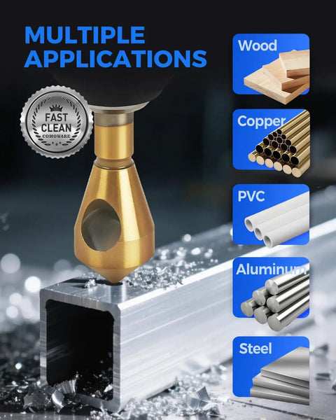 Heavy Duty Titanium Coated HSS Countersink Drill Bit Set for Wood and Metal shown on aluminum with material applications