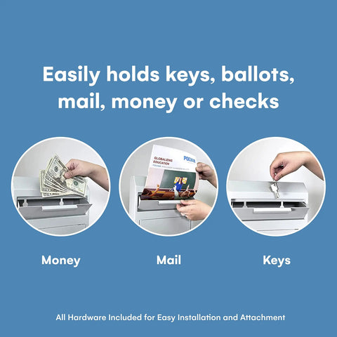 Locking Key Drop Box Wall Mounted For Biz With Tubular Lock And Baffle To Prevent Fishing Large Mail Slot Drop Box For Doors And Keys Perfect For Rent Deposits And Secure Drops For Office Or Shop - image showing uses for money, mail, and keys.