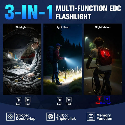 3-in-1 multi-function EDC flashlight in use: car repair, hiking, biking. Ultra Slim EDC Flashlight Rechargeable With 8 Modes Magnetic Base And Clip Pocket Sized Lightweight 37 Grams 0.35 Inch Body For Home Work Camping Car Repair And Emergencies.