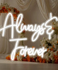 Always & Forever white LED neon light with floral backdrop, flexible LED strip, suitable for wall decor in romantic settings.