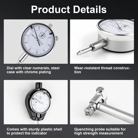Precision bore gauge set collage: chrome dial gauge, wear-resistant thread, plastic shell, high-strength quenching probe