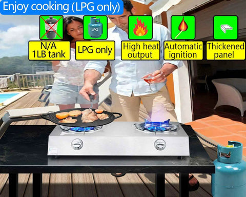 2 Burner Propane Stove With Auto Ignition 26000 BTU Stainless Steel Outdoor Cooker in use on a patio by a couple
