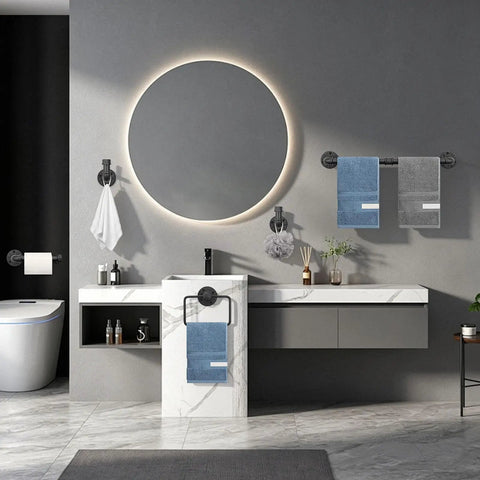 Modern bathroom with Five Piece Industrial Pipe Bathroom Accessories Hardware Kit, featuring towel bar, towel ring, and hooks in black rustic finish