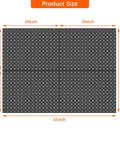 Dimensions of Four Piece Twelve By Sixteen Inch Metal Pegboard Panels in black, arranged as two rows, showing modular wall mounting layout.