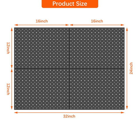 Dimensions of Four Piece Twelve By Sixteen Inch Metal Pegboard Panels in black, arranged as two rows, showing modular wall mounting layout.