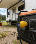 Close-up of Nema L14 To 14 50 R Adapter For Ev And Rv Setup Twist Lock Generator Power Cord Connector near RV.