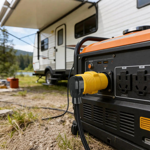 Close-up of Nema L14 To 14 50 R Adapter For Ev And Rv Setup Twist Lock Generator Power Cord Connector near RV.