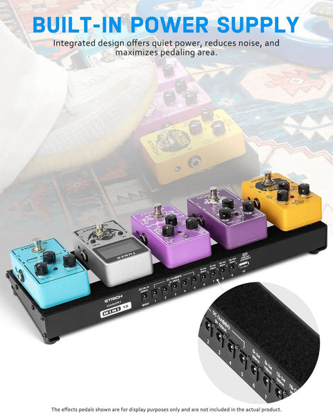 Guitar Pedalboard With Built In Power Supply, Compact 15 By 5.1 Inch Aluminum Pedal Board, multi-color pedals displayed