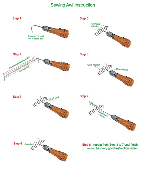 Sewing awl instruction diagram with Hand Sewing Awl Kit For Leather And Canvas Repair With Four Straight Needles And 180 Yards Thread