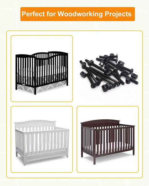 Image shows black, white, and brown cribs with a kit of Heavy Hitter Crib Screws Hardware Replacement Kit pieces.