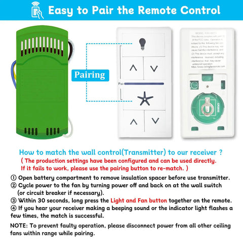Green receiver and wall control unit with pairing instructions for Universal Ceiling Fan Remote Control Kit With Receiver And Wall Control 3 Speed Fan Remote With Full Range Light Dimmer Handheld Replacement For Most 110V Ceiling Fans Works Across Major Brands.