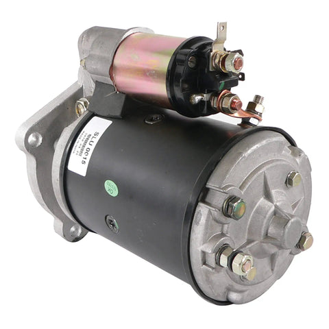 SLU0015 12V CW Rotation 10Tooth Starter Replacement For JCB Loader Models 2 3 3C 3CX Sitemaster 3DS 4DS 525 And Leylfield Tractor 2100 245 245S 255 Plus Other Compatible Equipment showing front and side view