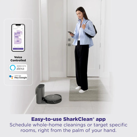 Robot Vacuum With Self Empty Base And 60 Day Bagless Capacity on hard floor next to app screen, showing SmartPath LiDAR Navigation.