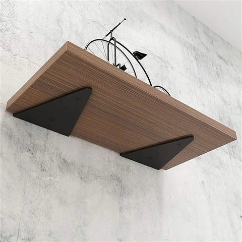 Heavy Duty Triangle Shelf Brackets For Wall Mount Floating Corner Supports with wooden shelf and black metal brackets.