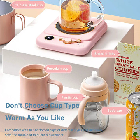 Smart Electric Mug Warmer With Three Heat Modes And Automatic Shutoff Keeps Your Daily Brew Piping Hot Without The Burn, showing various cups and beverages.