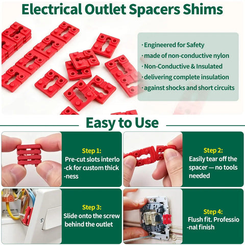 Electrical outlet spacers and shims made of non-conductive nylon for safe installation, part of Hella Sturdy 304 Stainless Steel Outlet Box Extender Kit.
