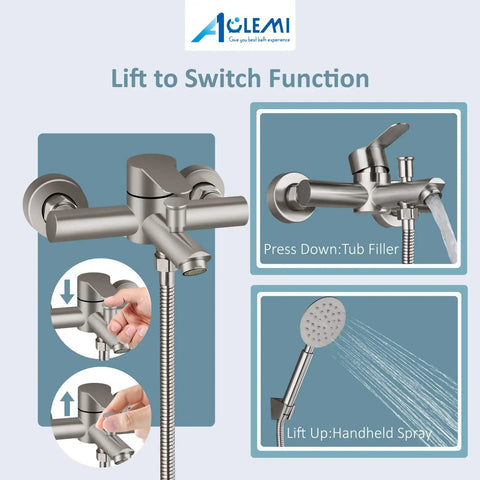 Diagram showing brushed nickel tub filler with wall mount and handheld sprayer, 6 inch center, single handle shower mixer faucet.