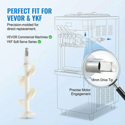 Beater Rod Replacement for VEVOR and YIKAFU Soft Serve Machines, Commercial Grade Auger Assembly with Sealing Tube, Food Safe OEM Quality Parts That Ensure Secure Motor Fit and Easy Maintenance, 18mm drive tip
