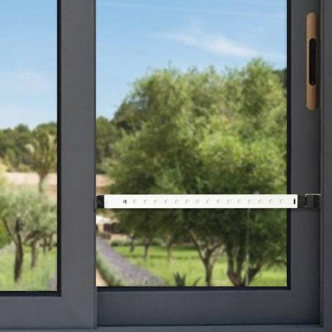 Top Shelf Two Section Window Security Bar With Child Proof Anti Lift Lock Keep Your Home Crib Secure No Sweat Install Adjustable Safety Brace For Single Hung Windows And Narrow Patio Doors White mounted on a window
