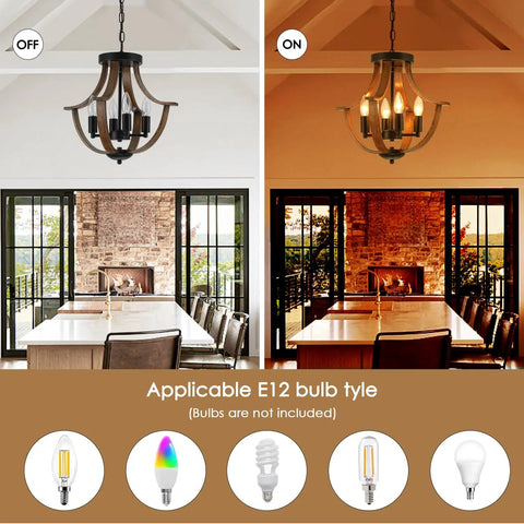 Four Light Farmhouse Pendant Lighting Featuring Rustic Faux Wood Chandelier Details And Sleek Flush Mount Fixture For Kitchen Island Dining Room on and off comparison in modern dining space.