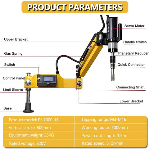 Badass Heavy Duty Electric Tapping Machine Featuring A Slick Flexible 1000Mm Arm Plus Smart Touch Display for M3 to M16 threading.