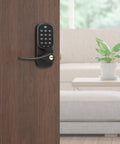 Keyless Smart Door Lever Lock With Backlit Keypad And Auto Relock For Front Entry installed on wooden door with modern decor.