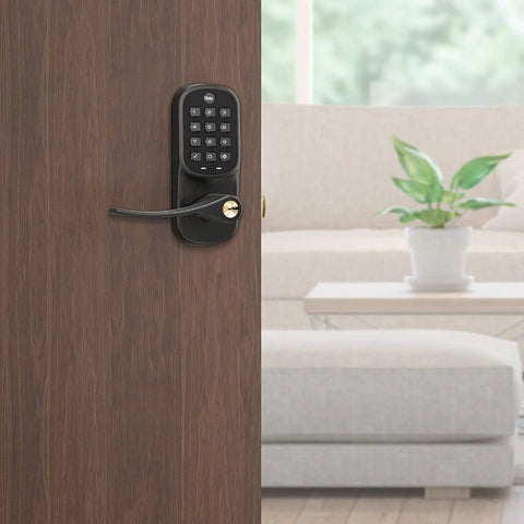 Keyless Smart Door Lever Lock With Backlit Keypad And Auto Relock For Front Entry installed on wooden door with modern decor.