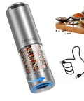 Electric Pepper Grinder Stainless Steel Rechargeable With External Coarseness Dial 95ml Capacity White LED Light Silver Finish