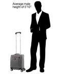 Underseat Spinner Tote With USB Port For Easy Travel 16 Inch Carry On Luggage In Vintage Grey next to silhouette of 5'10" male