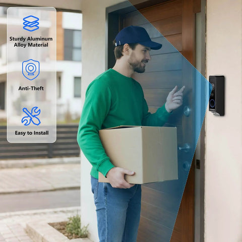 Person with package installs No Drill Anti Theft Doorbell Mount For E340 And Wyze Duo Cam Doorbell Adjustable Wall Bracket.