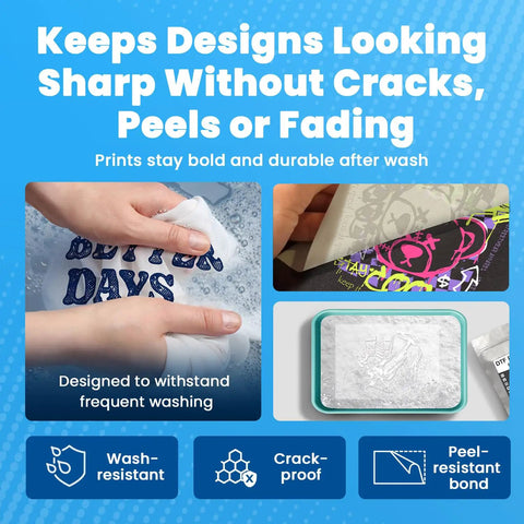 Collage showcasing Hot Melt DTF Adhesive Powder For Transfers, Lightweight Fabrics Friendly, Soft Yet Tough Bond, Clump Free, Crack and Wash Resistant features.