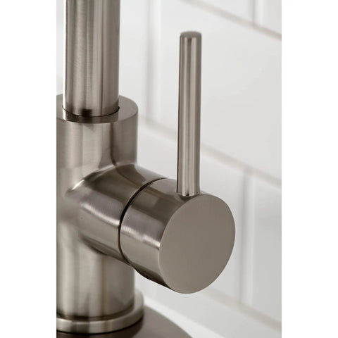 Close-up of Concord Bar Faucet Brushed Nickel handle with drip-free ceramic disc cartridge, showing sleek brushed finish