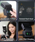 Image showing IT32 TTL Camera Flash Kit With X5S Trigger For Sony And Other Brands with touchscreen control, rotatable flash head, built-in reflector and diffuser, USB-C fast charging.