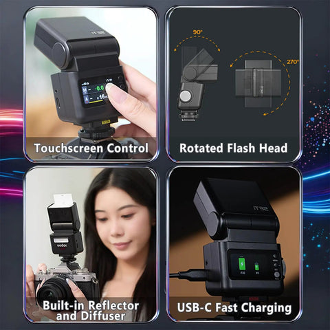 Image showing IT32 TTL Camera Flash Kit With X5S Trigger For Sony And Other Brands with touchscreen control, rotatable flash head, built-in reflector and diffuser, USB-C fast charging.