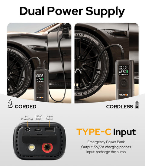 Portable Tire Inflator With 160 PSI Pressure Gauge Electric Air Pump for Car Motorcycle Bike and Balls, dual power supply