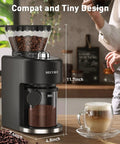Game Changing Stainless Steel Conical Burr Coffee Grinder With Thirty Five Quick Grind Settings And One Touch Switch, 11.7 inch tall.